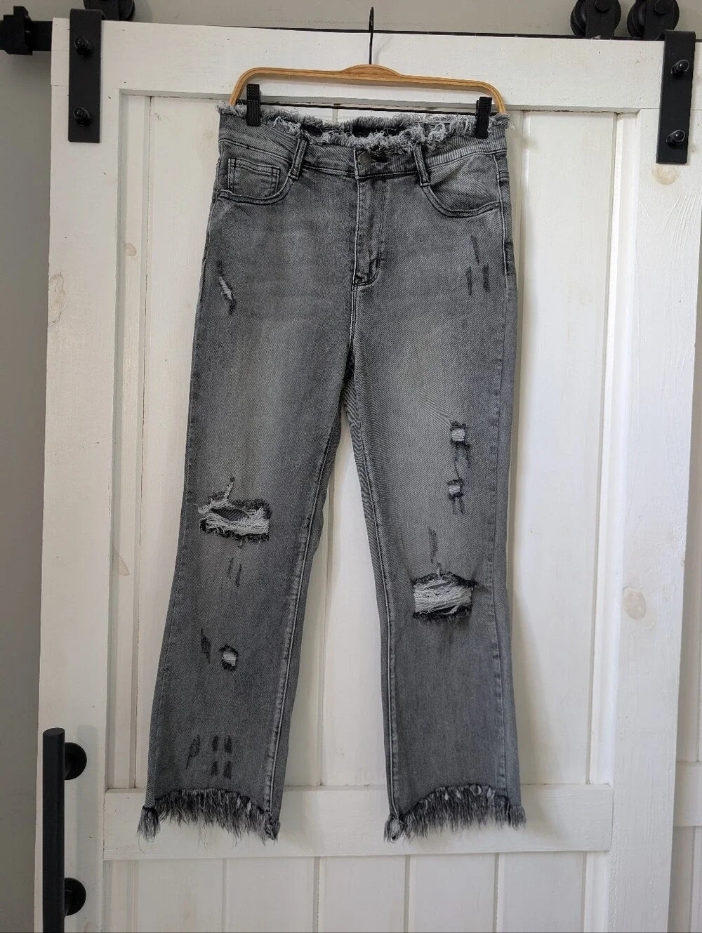 RISEN High Rise Distressed Gray Jeans Frayed Waist Raw Hem Size 29